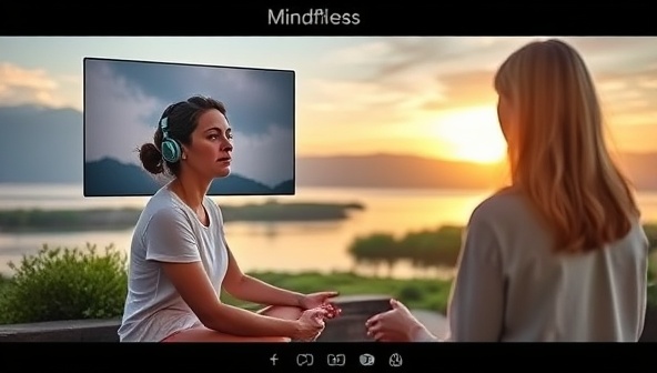 A virtual mental health coach leading a mindfulness session with a client through a video call, guiding relaxation exercises and breathing techniques, with calming nature imagery in the background, symbolizing mental wellness and inner peace.