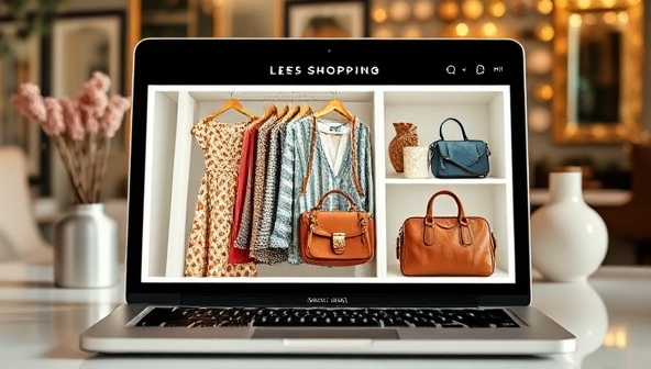 An elegant and stylish virtual shopping experience displayed on a laptop screen, showing curated thrifted items like vintage dresses, designer handbags, and quirky accessories, set against a chic background, evoking a sense of personalized fashion discovery.