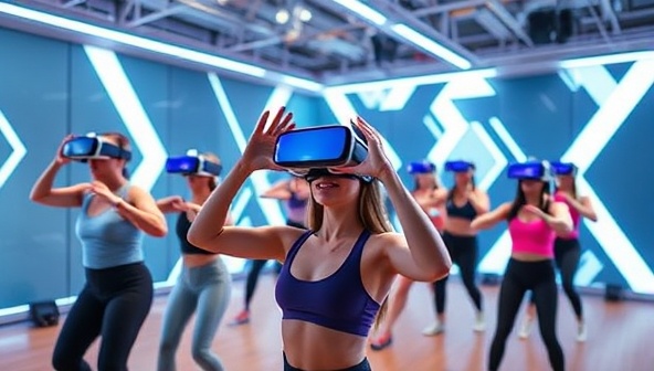An immersive VR fitness class setting with participants wearing VR headsets and engaging in a group workout experience in a futuristic virtual environment, highlighting the platform's innovation and interactivity.