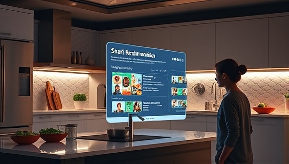 A futuristic kitchen scene with a user interacting with a digital recipe recommendation interface projected onto a smart kitchen display, showcasing a seamless and innovative cooking experience powered by AI technology.