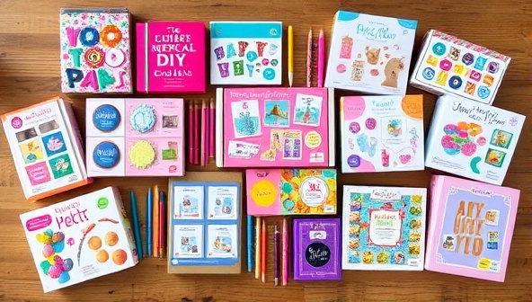 An array of colorful DIY craft kits arranged neatly on a wooden table, showcasing the variety of projects available in each subscription box, from paper crafts and painting to jewelry making and sewing, inviting creativity and exploration.