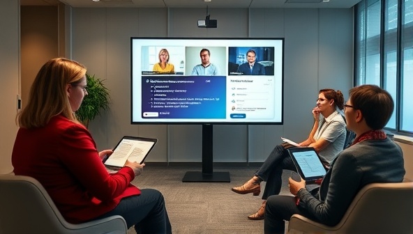 A virtual executive coaching session with a coach guiding a client through a virtual presentation practice, digital feedback tools in use, and a virtual audience providing input, illustrating the essence of virtual executive presence coaching.
