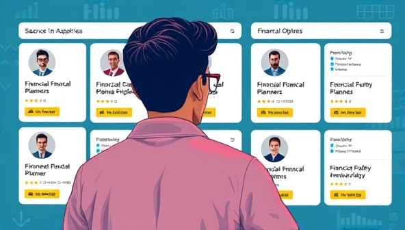 An artistic depiction of an individual browsing through financial planners on the online marketplace, with profiles displaying expertise, ratings, and services offered, symbolizing choice and transparency in financial planning options.
