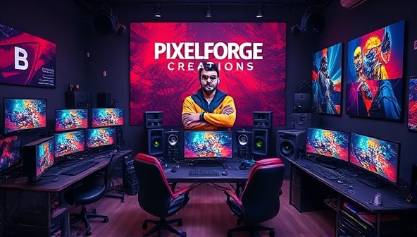 A visually striking showcase of PixelForge Creations' gaming content creation studio, featuring a team of creatives working on video editing, motion graphics, and sound design, surrounded by gaming consoles, monitors displaying gaming footage, and colorful artwork, reflecting the dynamic and innovative nature of the studio's content creation process.