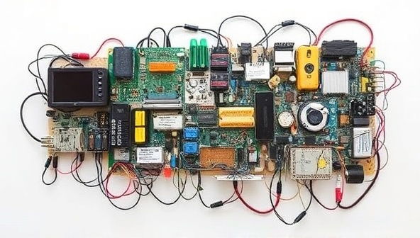An upcycled art installation made from salvaged electronic components, showcasing the creativity and environmental impact of repurposing e-waste into innovative and artistic creations.