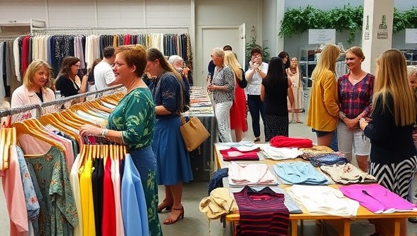 A vibrant display of fashion items laid out on racks and tables at a sustainable fashion swap event, with participants browsing and exchanging clothing, laughing and interacting in a stylish and eco-friendly setting, embodying the essence of community-driven sustainable fashion.