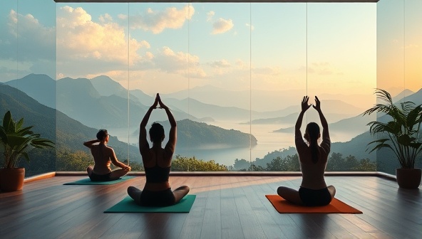 An artistic digital illustration of a tranquil virtual yoga studio set against a backdrop of serene natural landscapes, with participants engaging in yoga poses, meditation, and mindfulness practices, evoking a sense of inner peace and holistic well-being.