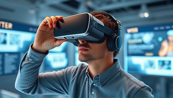 An artistic representation of a client wearing a VR headset, exploring a virtual environment with a 3D representation of their website design, showcasing the futuristic and interactive nature of VRWebShowcase.