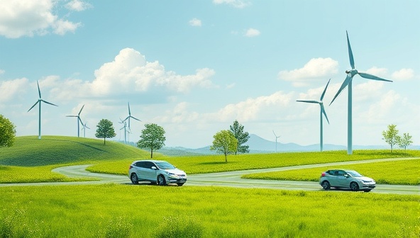 An image of a lush green landscape with electric vehicles driving through clean, unpolluted air, surrounded by renewable energy sources and green technology symbols, symbolizing the commitment to sustainability and eco-friendly transportation options offered by GreenDrive Solutions, inspiring a greener future for all drivers.