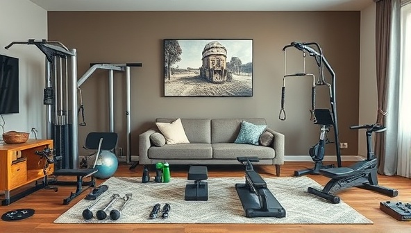 An array of fitness equipment neatly arranged in a living room setting, showcasing diversity in options and highlighting the convenience of at-home workouts with rented equipment.