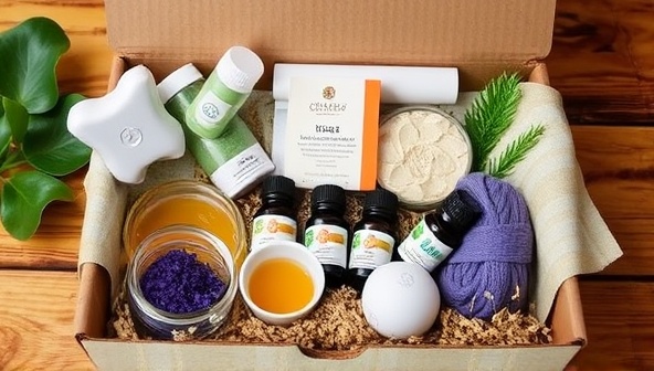 An inviting and relaxing wellness box filled with an array of wellness products such as herbal teas, essential oils, yoga accessories, and relaxation tools, creating a sense of tranquility and rejuvenation for the recipient.
