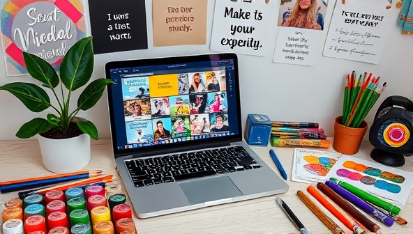 A creative workspace with a laptop displaying vibrant social media posts, surrounded by colorful art supplies, inspiring quotes, and a plant, creating a visually stimulating and artistic environment.