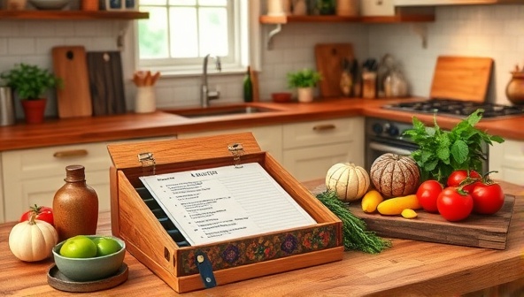 An inviting kitchen setting with a beautifully arranged recipe box, fresh ingredients, and cooking utensils on a wooden countertop, exuding warmth and the promise of a delicious culinary experience.