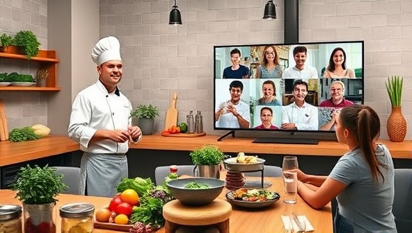 A vibrant virtual cooking class setting with a chef conducting a live demonstration, surrounded by fresh ingredients, cooking utensils, and a digital screen displaying eager participants following along, conveying a fun and interactive learning experience.