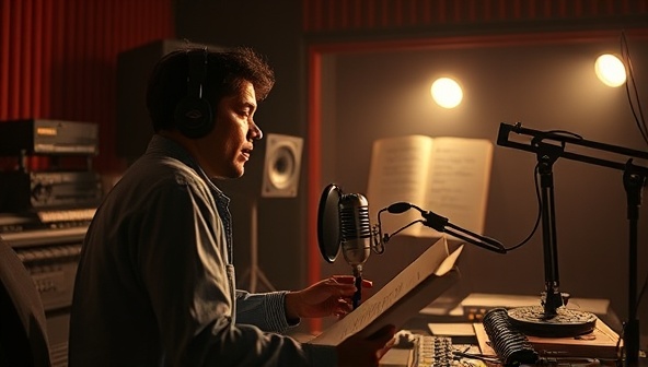 An evocative visual representation of a storyteller recording in a professional studio, surrounded by sound equipment and a script, with a microphone capturing the essence of storytelling through audio, symbolizing immersive experiences and captivating narratives in the digital realm.