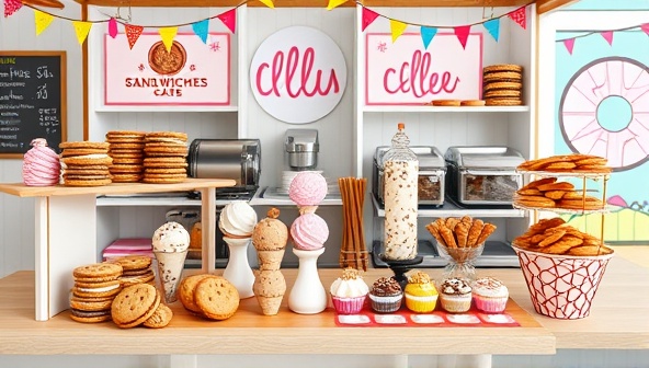 A whimsical ice cream sandwich bar setup with a colorful array of cookies, ice cream scoops, and assorted toppings displayed in a cheerful, inviting atmosphere, with customers happily creating their custom chillwiches, capturing the joy and indulgence of the dessert experience.