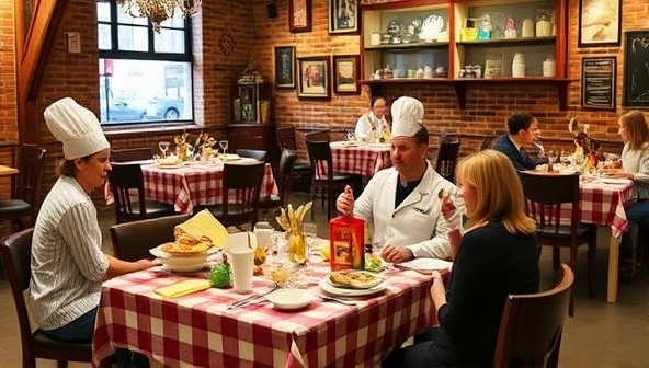 A whimsical dining setting with tables adorned with culinary props, interactive food challenge stations, and enthusiastic participants engaging in a gastronomic quest, capturing the essence of fun, discovery, and epicurean delight in a cafe setting.