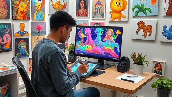 A digital art studio environment featuring a digital artist at work on a stylus tablet, surrounded by a gallery of colorful and imaginative artworks, with a computer screen displaying a custom art commission in progress, highlighting creativity and digital artistry.