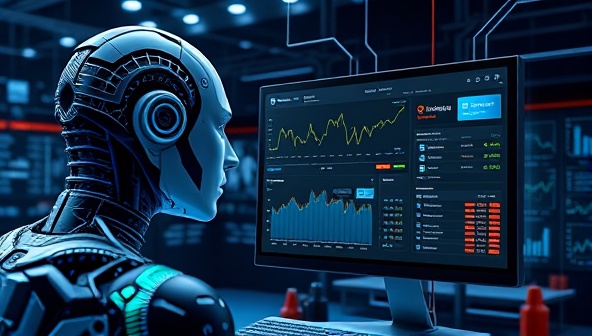 An innovative visualization of a futuristic AI processing sports data in a virtual environment, displaying predictive analytics and betting recommendations on a digital screen, with dynamic charts and statistics, symbolizing the advanced technology and insights provided by BetGenius AI, appealing to sports betting enthusiasts.