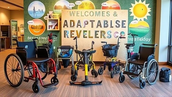 An assortment of innovative adaptive travel gear displayed in a welcoming and inclusive setting, featuring ergonomic wheelchairs, versatile walking aids, and portable accessibility solutions, symbolizing freedom, independence, and empowerment for travelers with diverse mobility needs through ExploreEase Rentals.