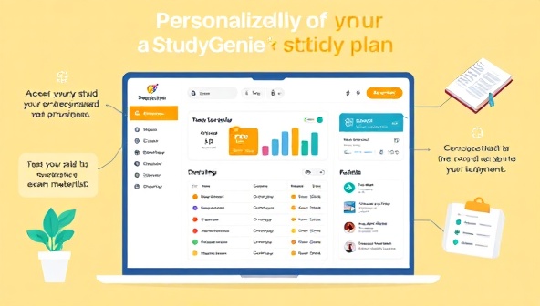 An illustrative graphic showing a user-friendly dashboard on the StudyGenie platform where individuals can access their personalized study plan, track progress, and interact with study materials, highlighting the convenience and effectiveness of personalized exam preparation with StudyGenie.