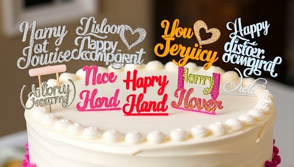 An assortment of custom cake toppers displayed on a decorated cake, featuring intricate designs, glitter accents, and vibrant colors, showcasing the personalization and creativity of the cake topper design studio.