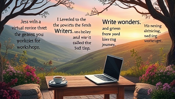 An enchanting digital landscape featuring a cozy writing nook with a laptop, a cup of tea, and inspirational writing quotes, inviting writers to embark on a virtual retreat journey filled with creativity, connection, and growth through WordWander's online workshops.
