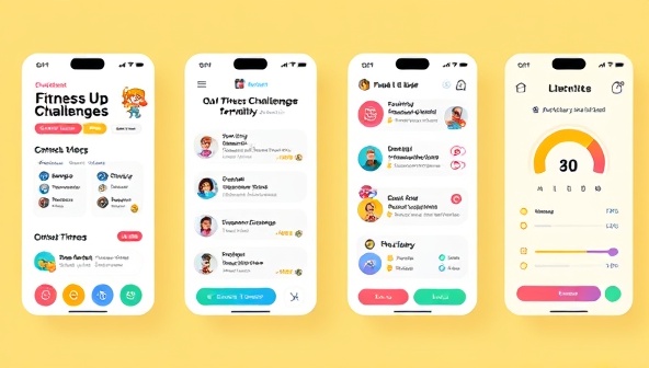 An interactive and colorful app interface mockup showcasing a variety of fitness challenges and achievements for families, with engaging graphics, badges, and progress trackers, creating a playful and motivating environment for users.