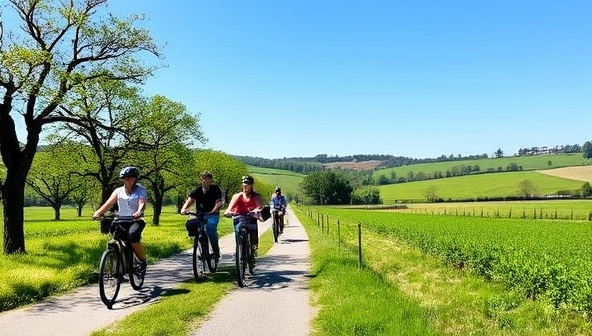 An idyllic countryside setting featuring a group of riders on e-Bikes enjoying a scenic tour along a tree-lined path, with rolling hills and a clear blue sky in the background, capturing the essence of EcoRide Adventures' eco-friendly and exhilarating outdoor experiences.