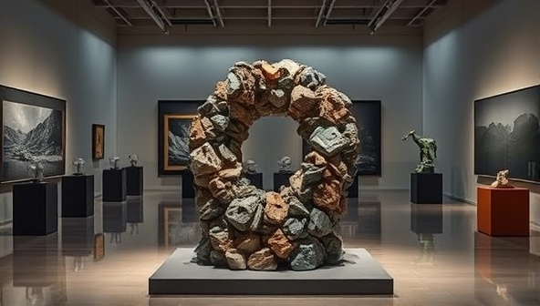 An artistic composition featuring a sculpture made from recycled mining waste, displayed in a modern gallery setting, symbolizing the transformation of waste into valuable and aesthetically pleasing creations.