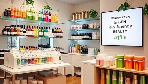 A vibrant and modern beauty bar interior showcasing sleek refill stations filled with colorful eco-friendly beauty products, reusable containers neatly arranged on shelves, and a prominent sign promoting sustainability and eco-conscious choices, conveying a chic and environmentally friendly atmosphere.