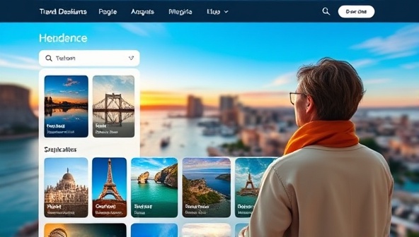 A digital platform interface showing a user exploring various travel destination options with a virtual travel concierge, accompanied by vibrant images of exotic locations, sparking wanderlust and excitement.