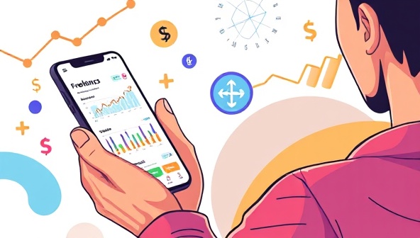 A dynamic digital illustration featuring a freelancer using the FreelanceFin Fit app on a smartphone, with colorful graphs and financial tools displayed, capturing the essence of financial empowerment and stability in the freelance industry.