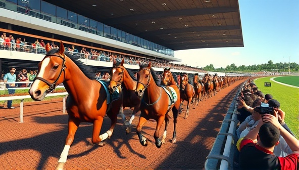 An exciting virtual reality horse racing scene with detailed horse avatars, cheering spectators, and a dynamic race track environment, capturing the thrill and intensity of RaceTrack VR's immersive betting simulation.