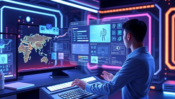 A futuristic workstation with a person interacting with a holographic AI interface, designing website elements with a wave of their hand, symbolizing cutting-edge technology and creativity.