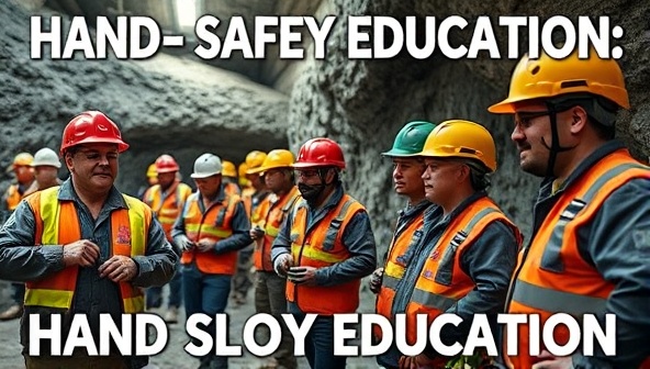 A vibrant poster showcasing diverse miners in safety gear undergoing training drills in a simulated mining environment, highlighting the importance of hands-on safety education in the mining sector.