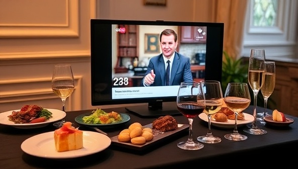 An elegant virtual tasting event setup with a variety of gourmet food samples, tasting glasses, and a digital screen displaying a live tasting session led by a knowledgeable host, creating a sophisticated and immersive gastronomic experience.