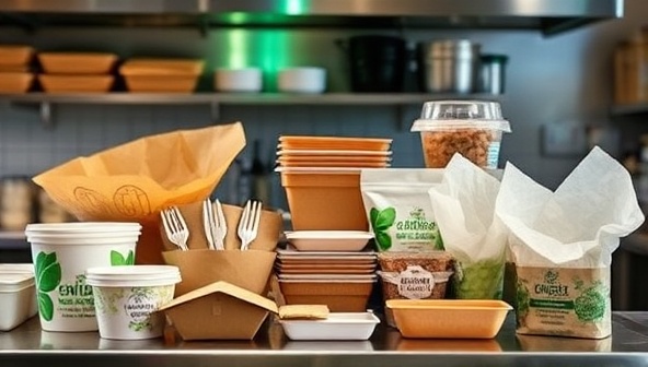 A collection of eco-friendly food packaging options displayed in a restaurant kitchen, including compostable containers, reusable utensils, and biodegradable wraps, with a focus on sustainability and environmental consciousness in the food industry.