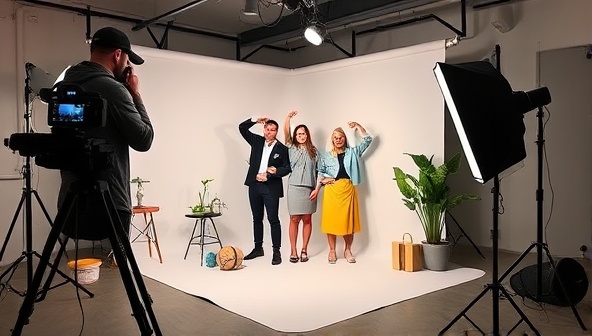 A professional photoshoot setting with a photographer capturing a client's brand story through creative poses and props, highlighting the essence of personal branding and image representation in the digital world.