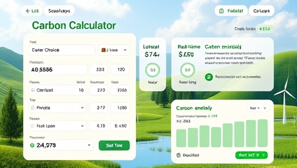 An interactive carbon calculator interface displaying a user inputting lifestyle choices and transportation data, with real-time carbon emission updates, personalized recommendations for reducing emissions, and a progress tracker towards carbon neutrality, set against a backdrop of green landscapes and clean energy visuals, symbolizing sustainability and environmental awareness.
