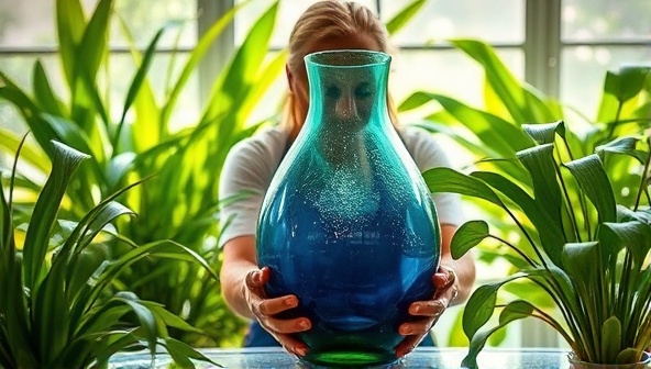 An artist crafting a beautiful vase from recycled glass, surrounded by lush green plants and natural light, depicting the harmony between nature and sustainable design.