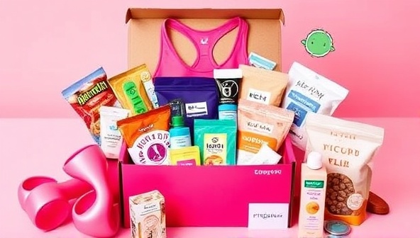 An aesthetically pleasing visual of a FitBox Delight subscription box filled with colorful workout gear, nutritious snacks, motivational stickers, and wellness products, conveying a sense of joy and anticipation for users receiving their monthly fitness package.