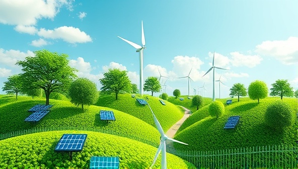 An artistic rendering of a vibrant green web landscape with digital trees, solar panels, and wind turbines integrated into website elements, symbolizing the eco-friendly and sustainable design ethos of GreenWebScape.