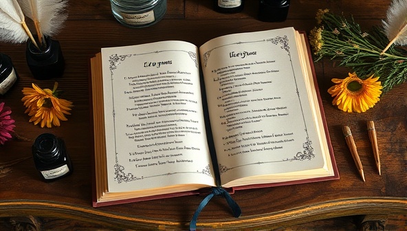 An elegant, handcrafted book of poems displayed on a wooden desk, surrounded by quills, ink bottles, and dried flowers, evoking a sense of nostalgia and creativity in personalized storytelling.