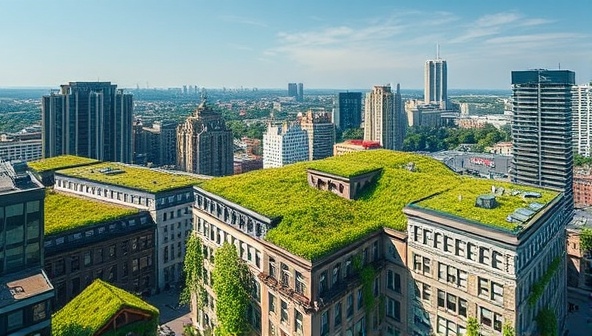 An aerial view of a cityscape with buildings adorned with lush green roofs, showcasing the aesthetic and environmental benefits of green infrastructure in urban environments, against a backdrop of blue skies and clean air.