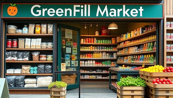 An inviting storefront of GreenFill Market with shelves showcasing a colorful array of bulk foods, reusable containers, sustainable household products, and fresh produce, inviting eco-conscious shoppers into a waste-free shopping experience.