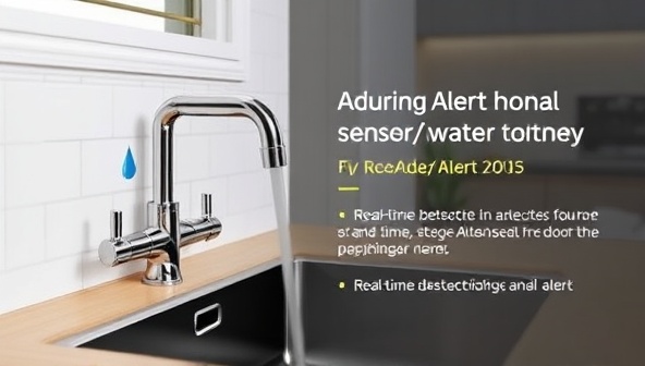 An engaging visual representation of a smart water sensor installed near a sink with a dripping faucet, showcasing the real-time detection and alert capabilities of the AquaAlert Pro service in a modern home setting.