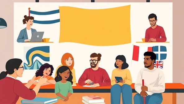 An engaging virtual language class setup with diverse participants interacting, practicing different languages, and sharing cultural insights, creating a vibrant and inclusive learning environment.