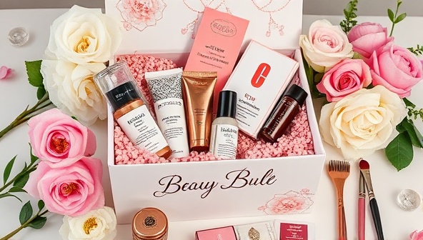 A beautifully designed box overflowing with luxurious beauty products, surrounded by fresh flowers and elegant beauty tools, evoking a sense of indulgence and personalization.