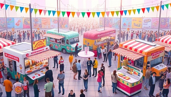 An engaging digital illustration showcasing a vibrant virtual food truck festival scene with colorful food trucks, bustling crowds, and interactive stalls offering a variety of cuisines, creating a dynamic and lively atmosphere reminiscent of traditional food festivals in a digital setting.